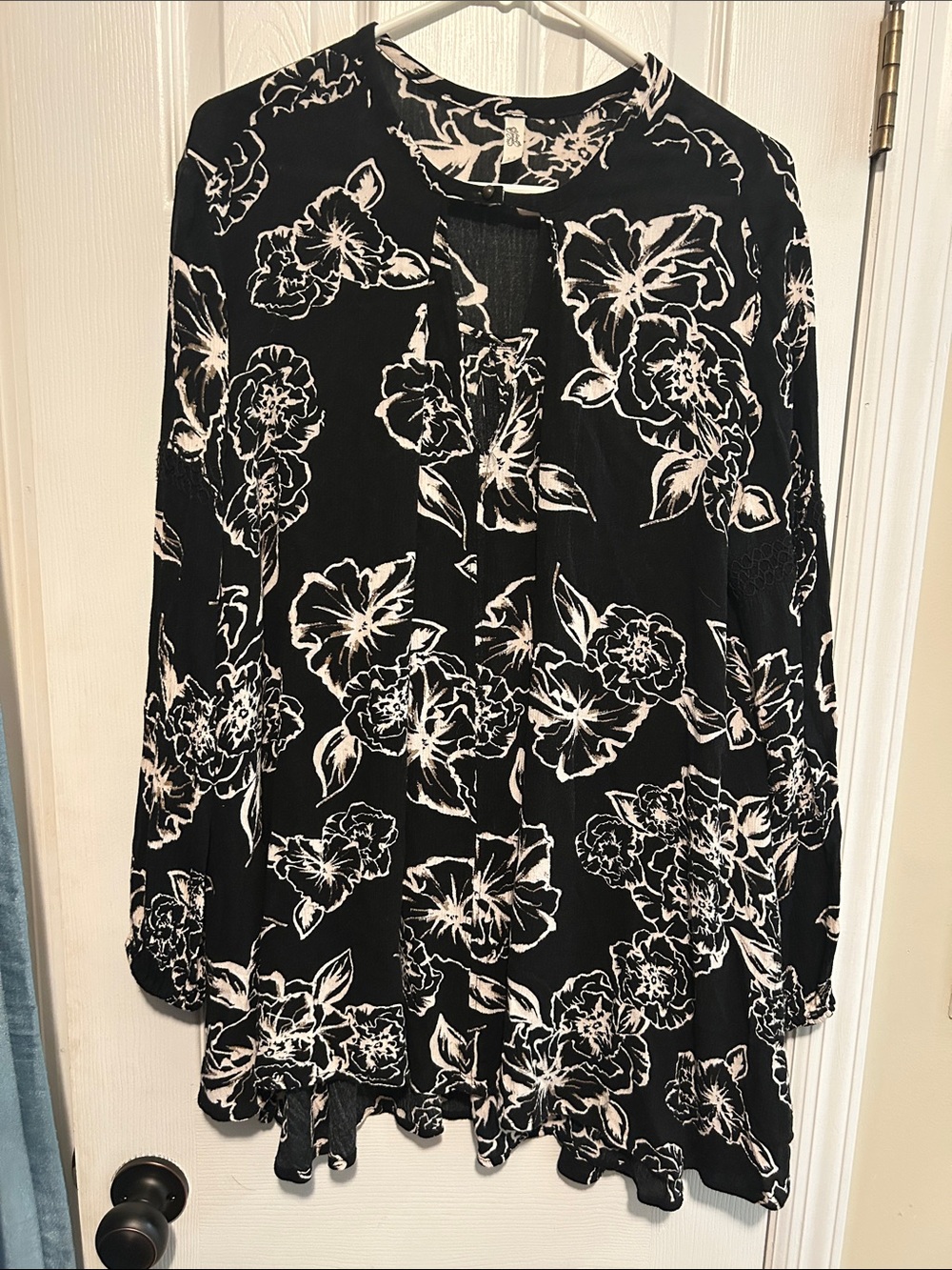 Free People Black and White Floral Long-Sleeve Tunic Dress